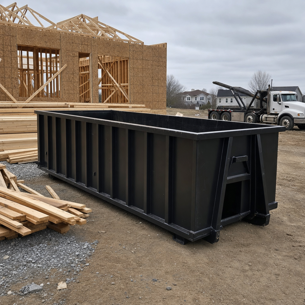 Matte-black 40-yard roll-off dumpster staged on a framed-out residential construction site in Pasadena, framing lumber stacked nearby, hooklift delivery truck visible in the background under bright Colorado daylight