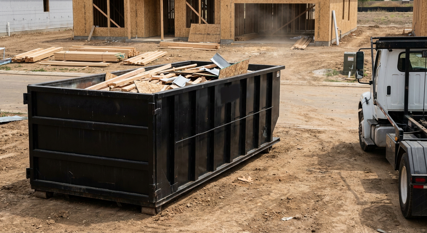 Matte-black 20-yard roll-off construction dumpster with heavy ribbed steel sidewalls and swing rear doors at a working jobsite in Pasadena, sitting directly on compacted dirt with an unmarked white hauler partially visible at the far edge of the frame.