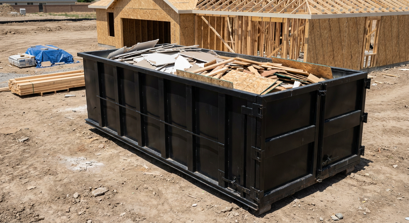 Matte-black 30-yard roll-off construction dumpster sitting directly on the compacted-dirt site of a framed single-family home build in Pasadena, drywall and lumber scrap loaded inside.