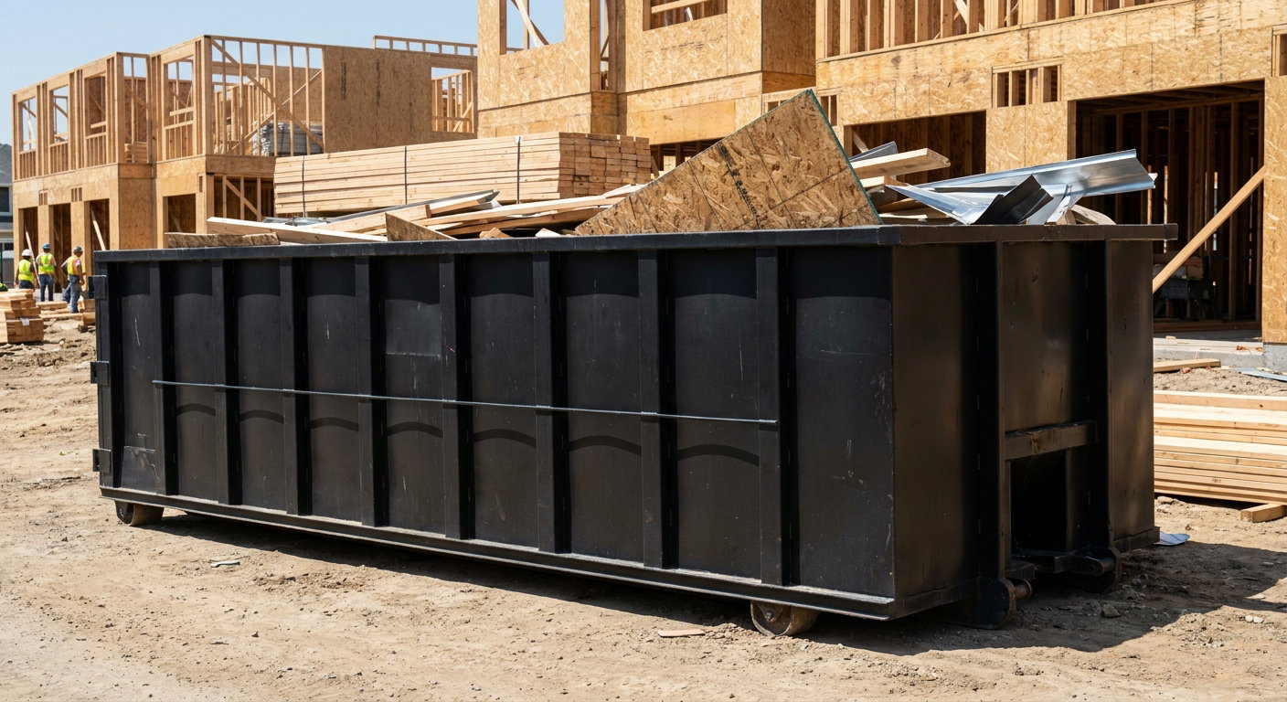 Matte-black 40-yard roll-off construction dumpster being lowered from a white-cab hooklift delivery truck onto the compacted-dirt jobsite at a commercial build site in Pasadena