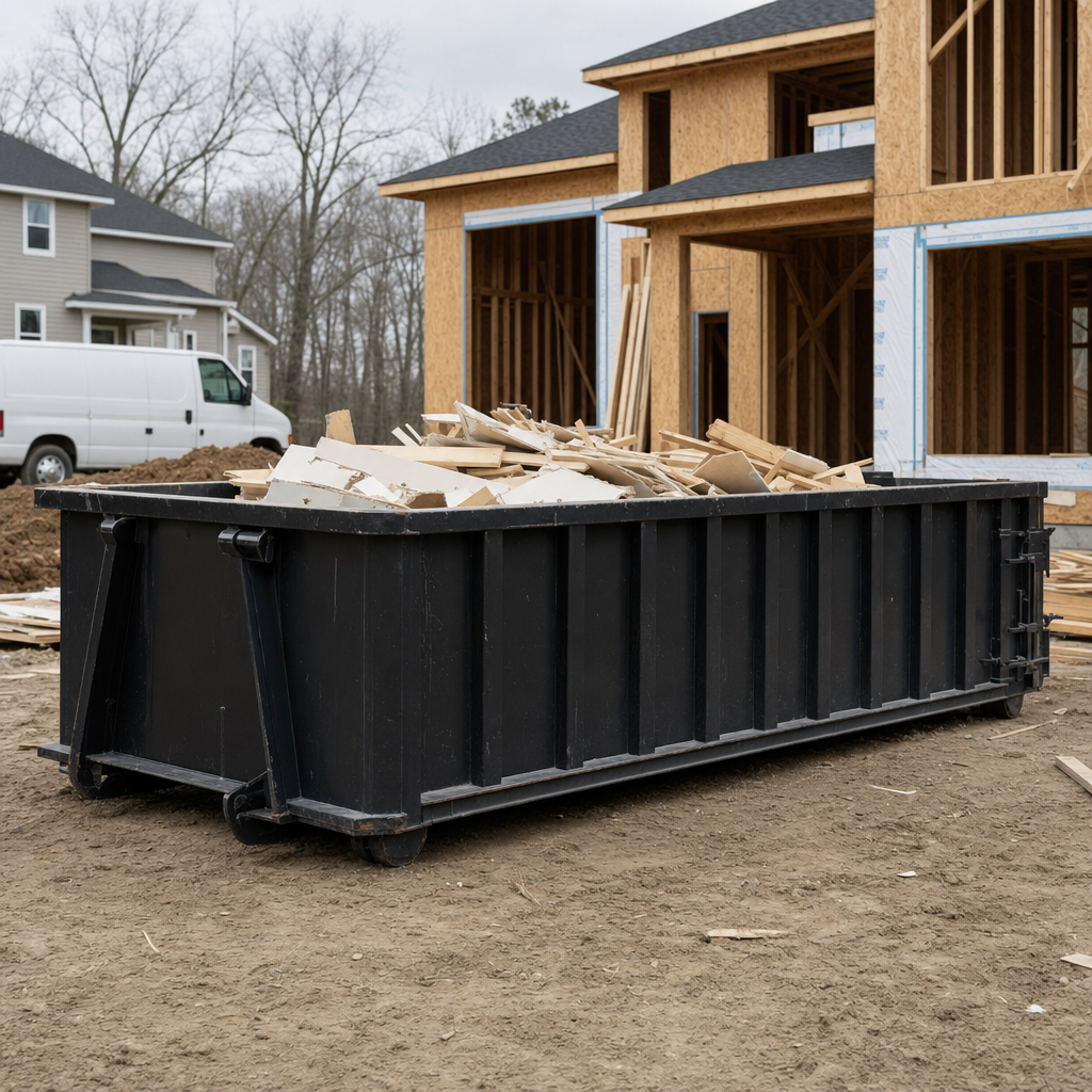 Worker in a yellow high-visibility vest tossing framing lumber and broken drywall into a matte-black 30-yard construction roll-off dumpster on an active build site in Pasadena, bright daylight