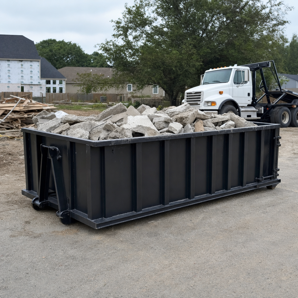 Low-profile matte-black lowboy roll-off dumpster loaded with broken concrete slab and rebar at a foundation tear-out in Pasadena, skid steer parked beside it, sunny Colorado morning