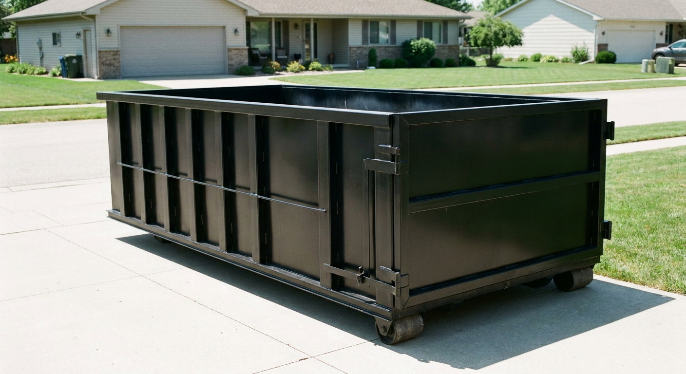 Matte-black 10-yard roll-off dumpster on a residential concrete driveway in Pasadena, uniformly painted matte black across every panel and rail, ribbed steel sidewalls and rear swing door visible, mid-day daylight.