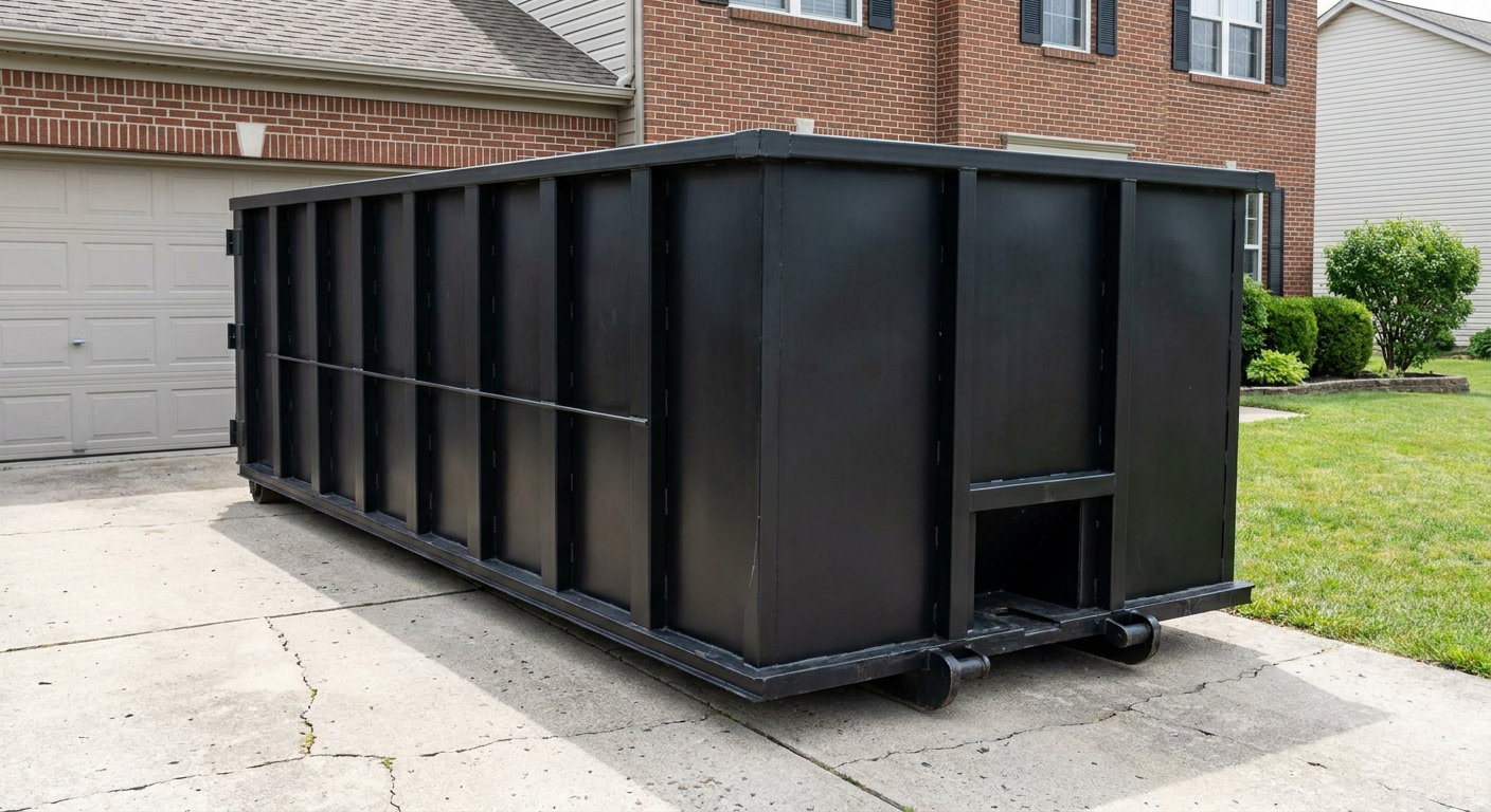 Matte-black 20-yard roll-off container on a Pasadena residential concrete driveway with reinforced ribbed steel sidewalls and a hinged rear walk-in door, clean bright daylight.