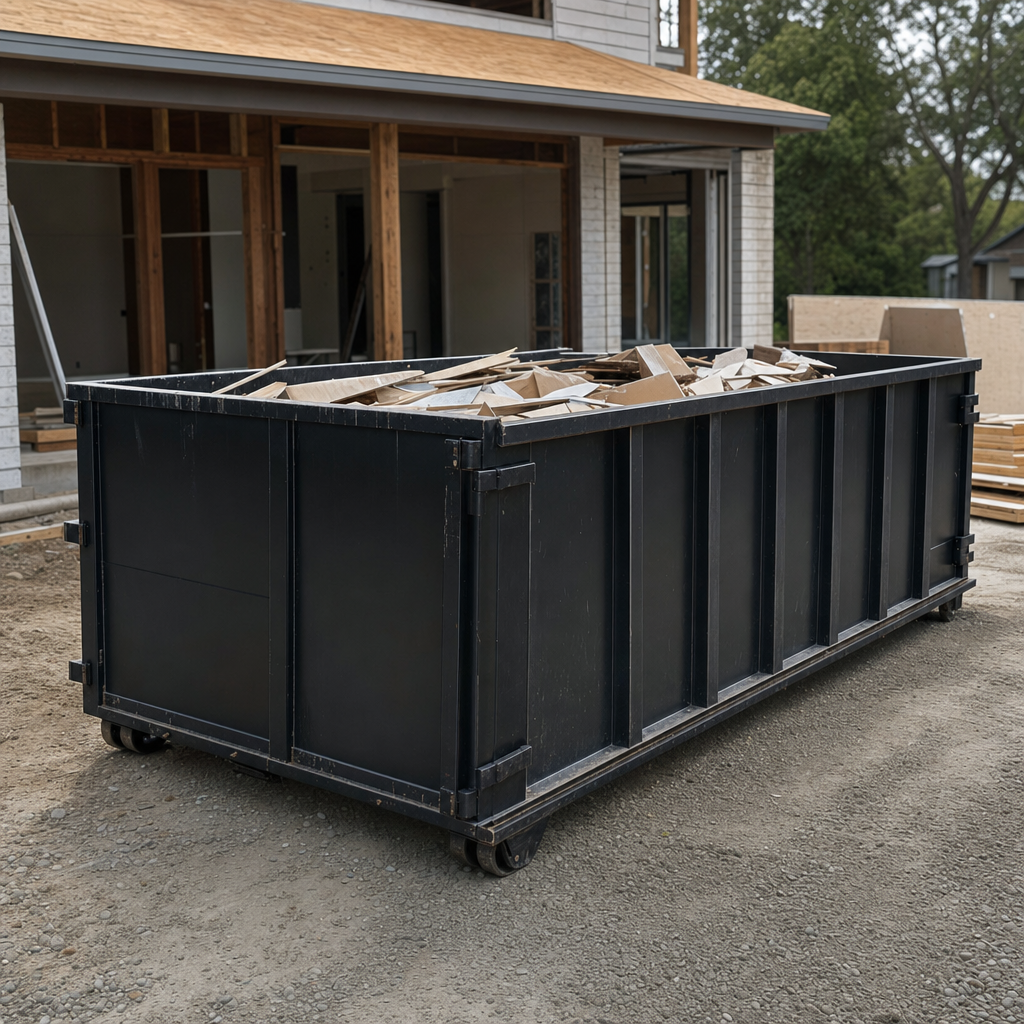 Large matte-black 30-yard construction roll-off dumpster at an active Pasadena jobsite, steel-gray top rails and bottom rollers visible, loaded with construction debris.