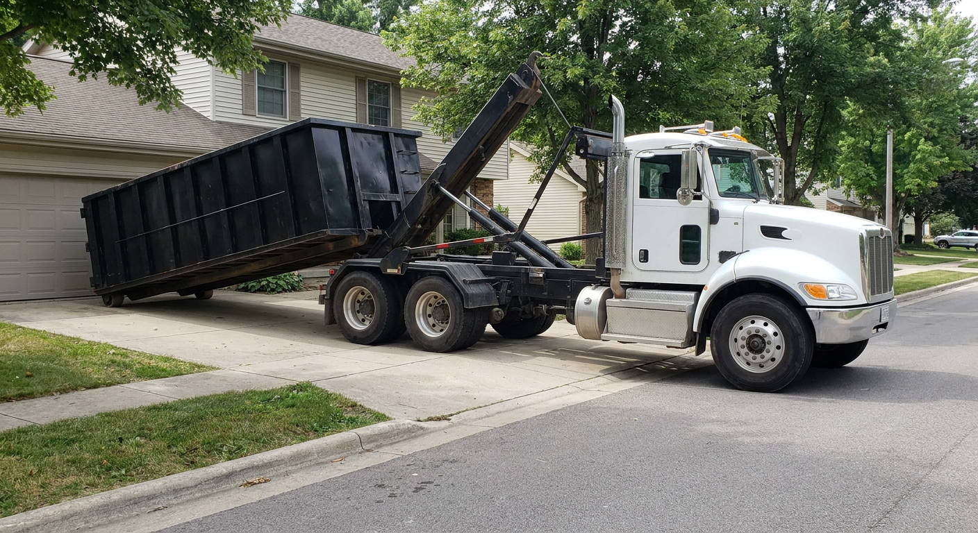White-cab hooklift roll-off truck actively lowering a matte-black dumpster onto a Pasadena residential concrete driveway, the dumpster's rear wheels touching the driveway as the hoist arm tilts the bed forward, mid-morning daylight.