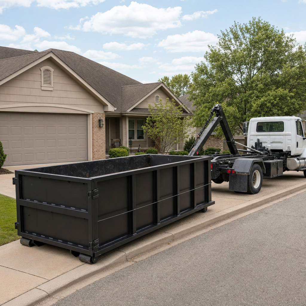 Wide documentary shot of a matte-black roll-off dumpster on a Pasadena residential driveway in the foreground and a contractor jobsite container in the soft-focus background, bright daylight, calm and orderly composition.