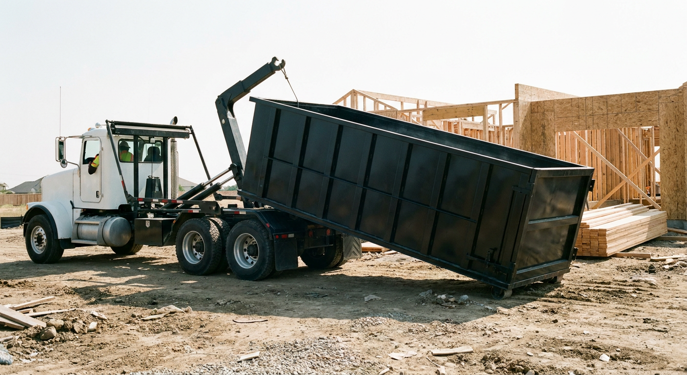 Matte-black roll-off dumpster being delivered onto a clean residential concrete driveway in Pasadena by an unmarked white hooklift hauler truck, bright morning daylight, documentary 35mm perspective.