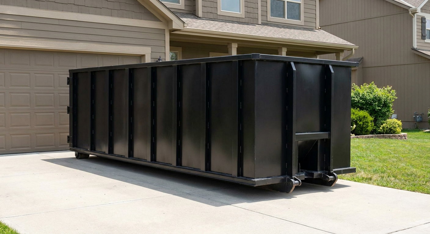 Matte-black residential roll-off dumpster sitting directly on a suburban Pasadena concrete driveway, garage door closed, single-family home in background, bright morning daylight.