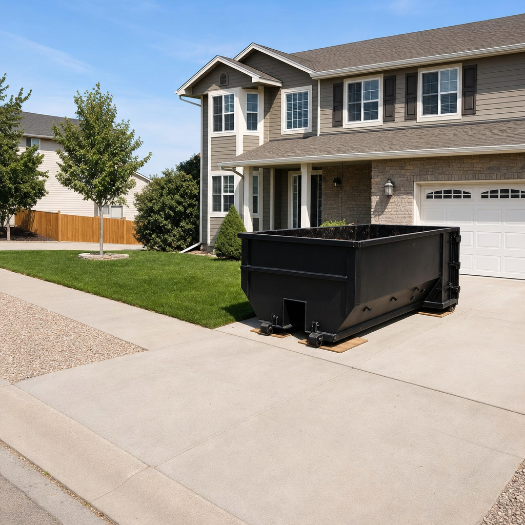 10-yard matte-black residential dumpster placed directly on a narrow Pasadena concrete driveway, room remains for a parked sedan beside it, mid-morning natural light