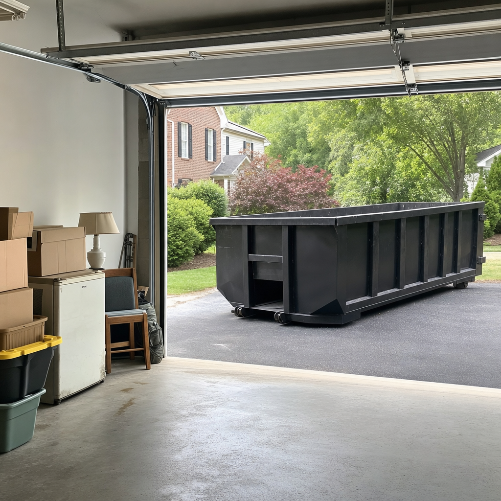 Open garage interior in a Pasadena home mid-cleanout — boxed items, an old appliance, and stacked yard tools queued near the driveway for a matte-black roll-off dumpster, organized and calm