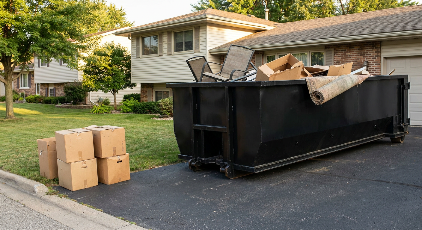 Front-yard view of a Pasadena split-level home with a 20-yard matte-black roll-off dumpster sitting directly on the asphalt driveway, a few clearly labeled donation boxes staged at the curb, calm sunny afternoon.