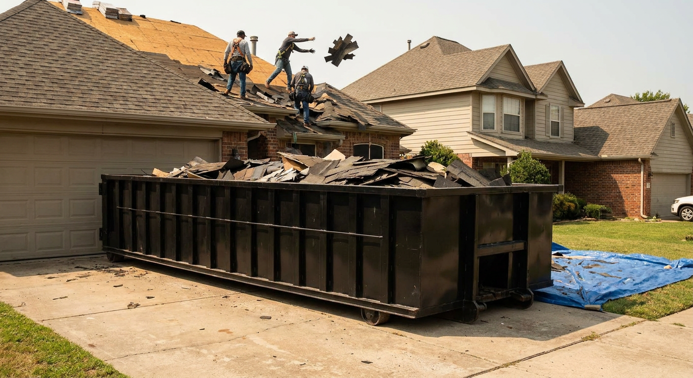 Matte-black roofing roll-off dumpster placed directly on a Pasadena residential concrete driveway, a tear-off crew on a two-story asphalt-shingle roof tossing shingle bundles into the low-walled container, bright daylight, documentary 35mm perspective.