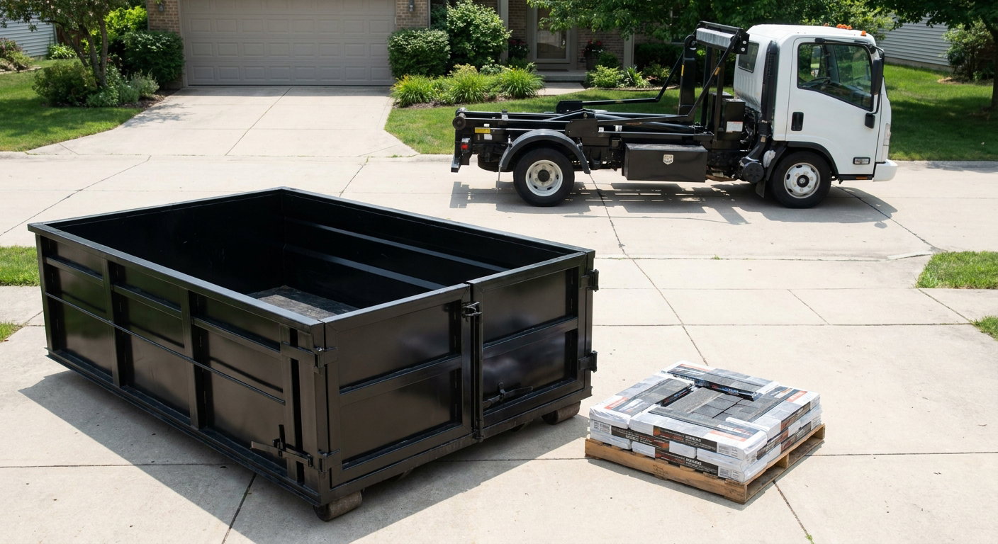 Matte-black 15-yard roofing roll-off dumpster with reinforced low side walls sitting directly on a Pasadena residential concrete driveway, three-tab asphalt shingle bundles stacked nearby, an unmarked white hauler truck partially visible at the edge of the frame.