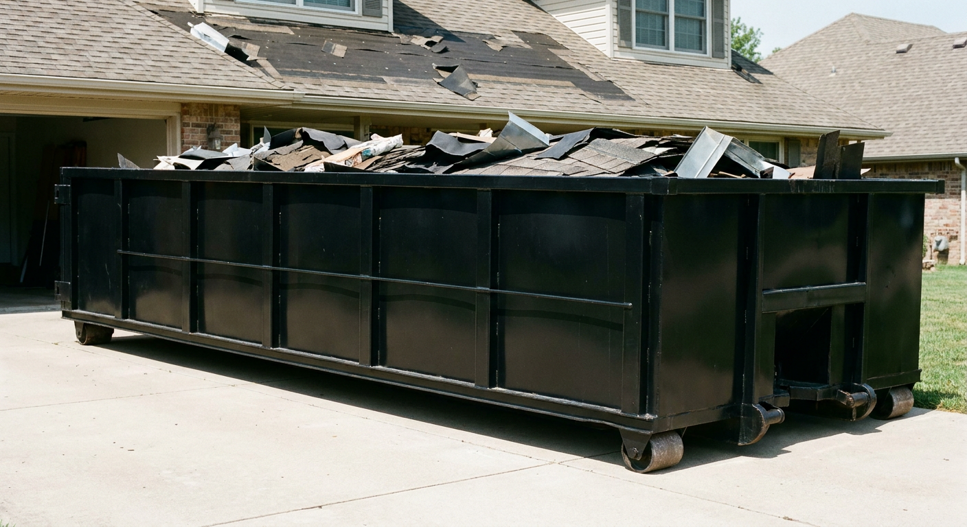 Matte-black 20-yard roofing roll-off dumpster with steel ribbed sides and swinging rear door, sitting directly on the concrete driveway of a two-story Pasadena home, asphalt shingle debris being loaded over the low wall, clean documentary lighting.