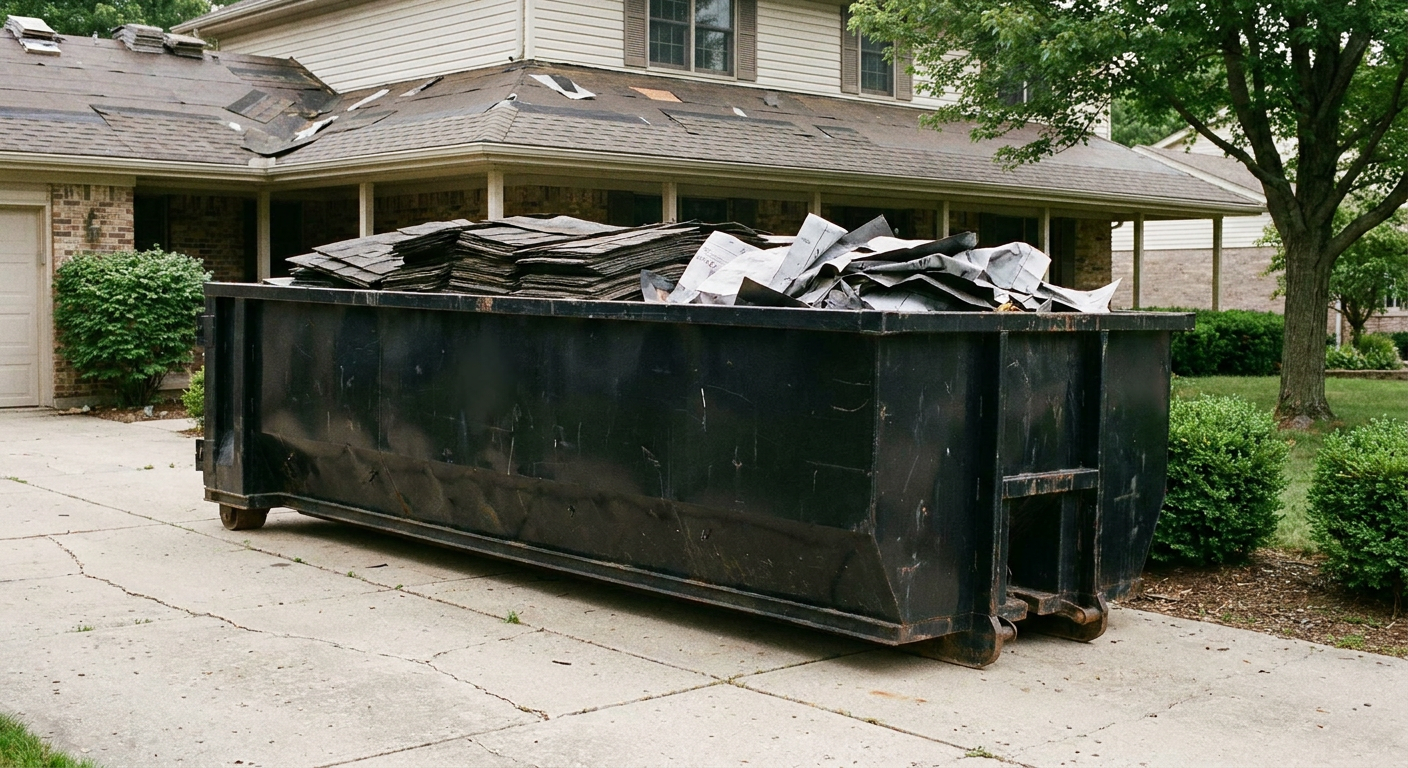Matte-black 30-yard roofing roll-off dumpster sitting directly on a Pasadena concrete driveway, taller ribbed steel side panels, mixed tear-off debris of asphalt shingles and underlayment inside, professional documentary daylight.