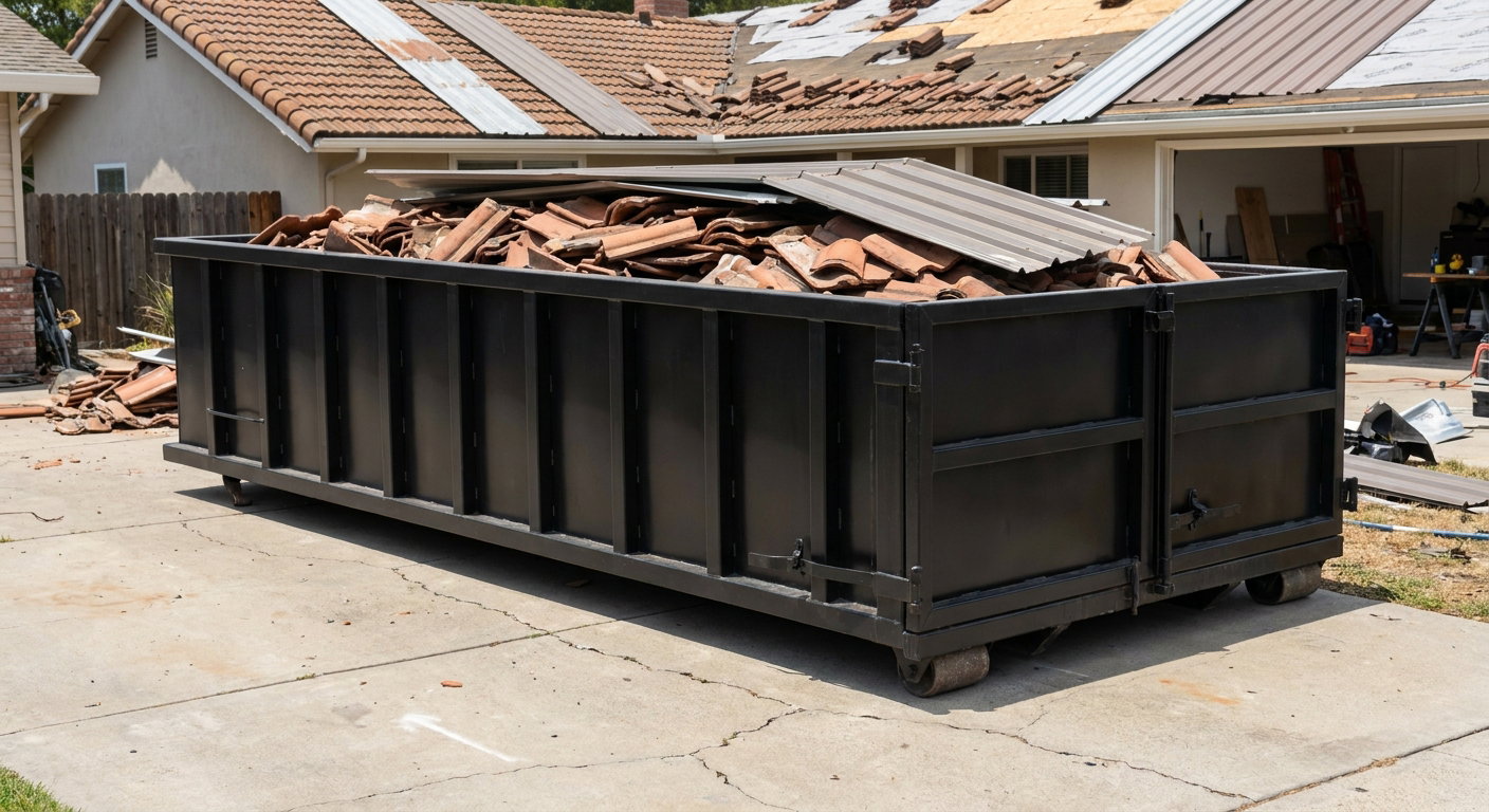 Matte-black low-wall heavy-debris roofing roll-off dumpster sitting directly on a Pasadena concrete driveway, broken concrete clay roof tiles and metal panel sections loaded inside, reinforced ribbed steel side walls visible, bright outdoor daylight.