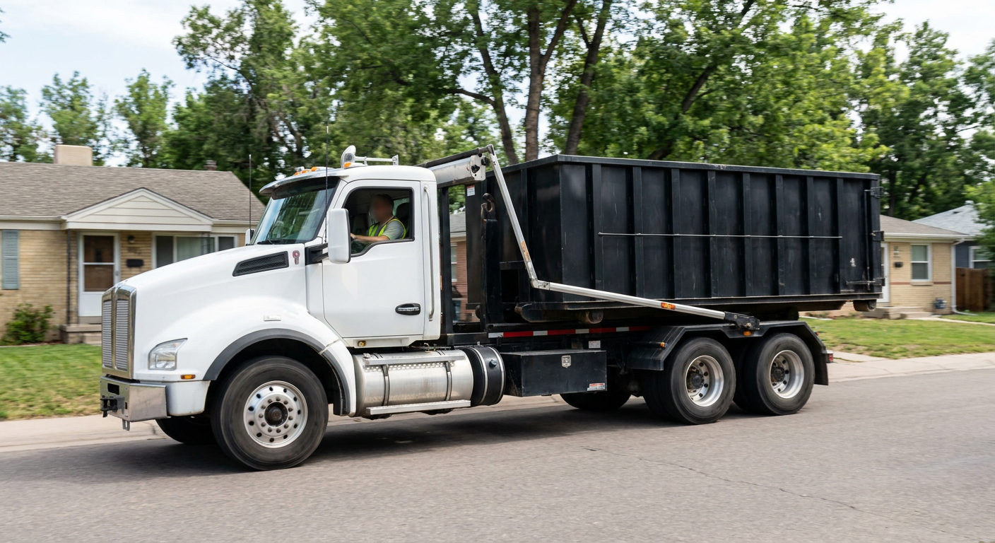 A wide documentary shot of a matte-black roll-off delivery truck pulling onto a quiet Pasadena residential street at mid-morning, with neighborhood rooftops and tree-lined blocks visible behind, showing the metro coverage footprint.