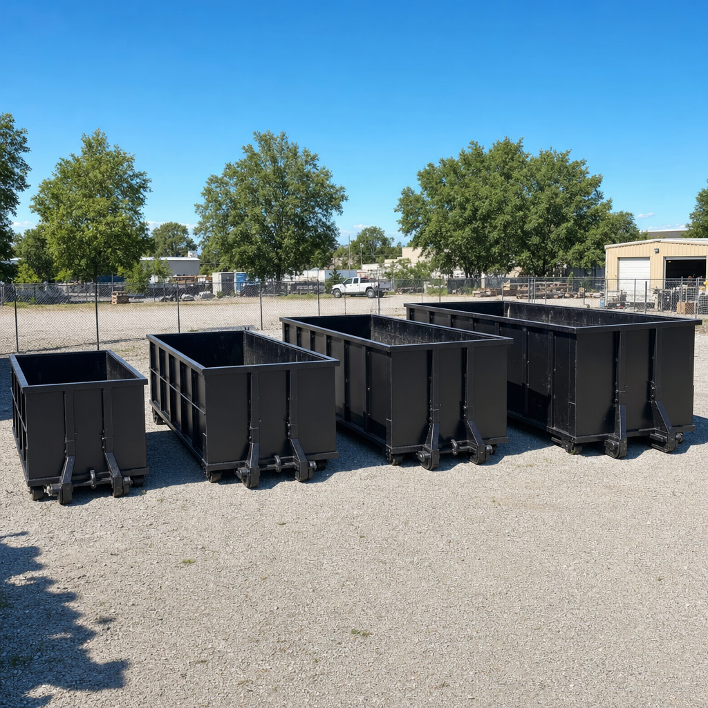 A clean lineup of matte-black roll-off dumpsters in 10, 20, 30, and 40-yard sizes staged on a sunlit gravel yard in Pasadena, showing the size progression from compact to commercial-scale containers.