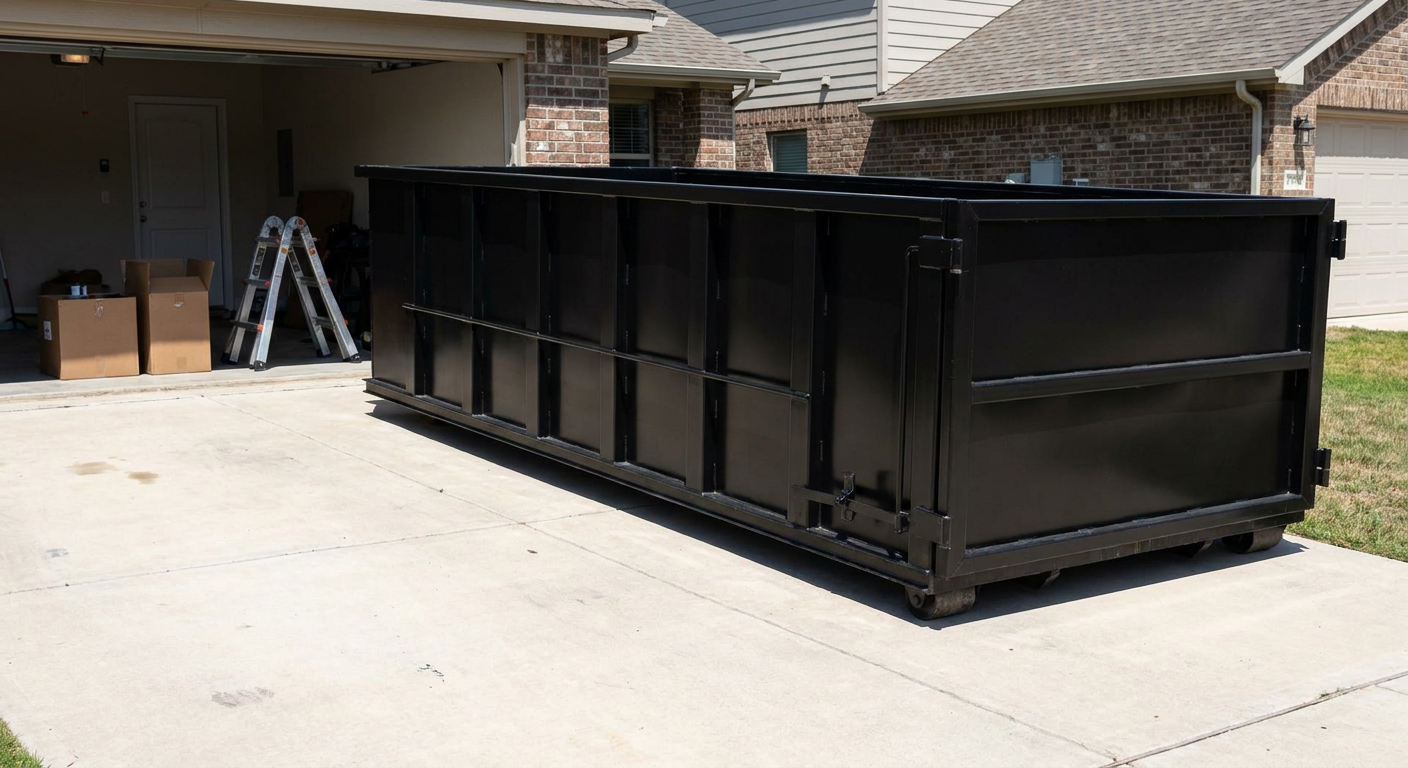 A matte-black 10-yard roll-off dumpster sitting directly on a residential Pasadena concrete driveway, mid-day sunlight, clean and ready for a garage cleanout.