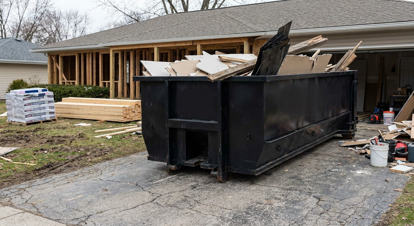 A matte-black 20-yard roll-off dumpster placed alongside a mid-renovation Pasadena home directly on the asphalt driveway, with framing materials and torn-off shingles staged neatly nearby.