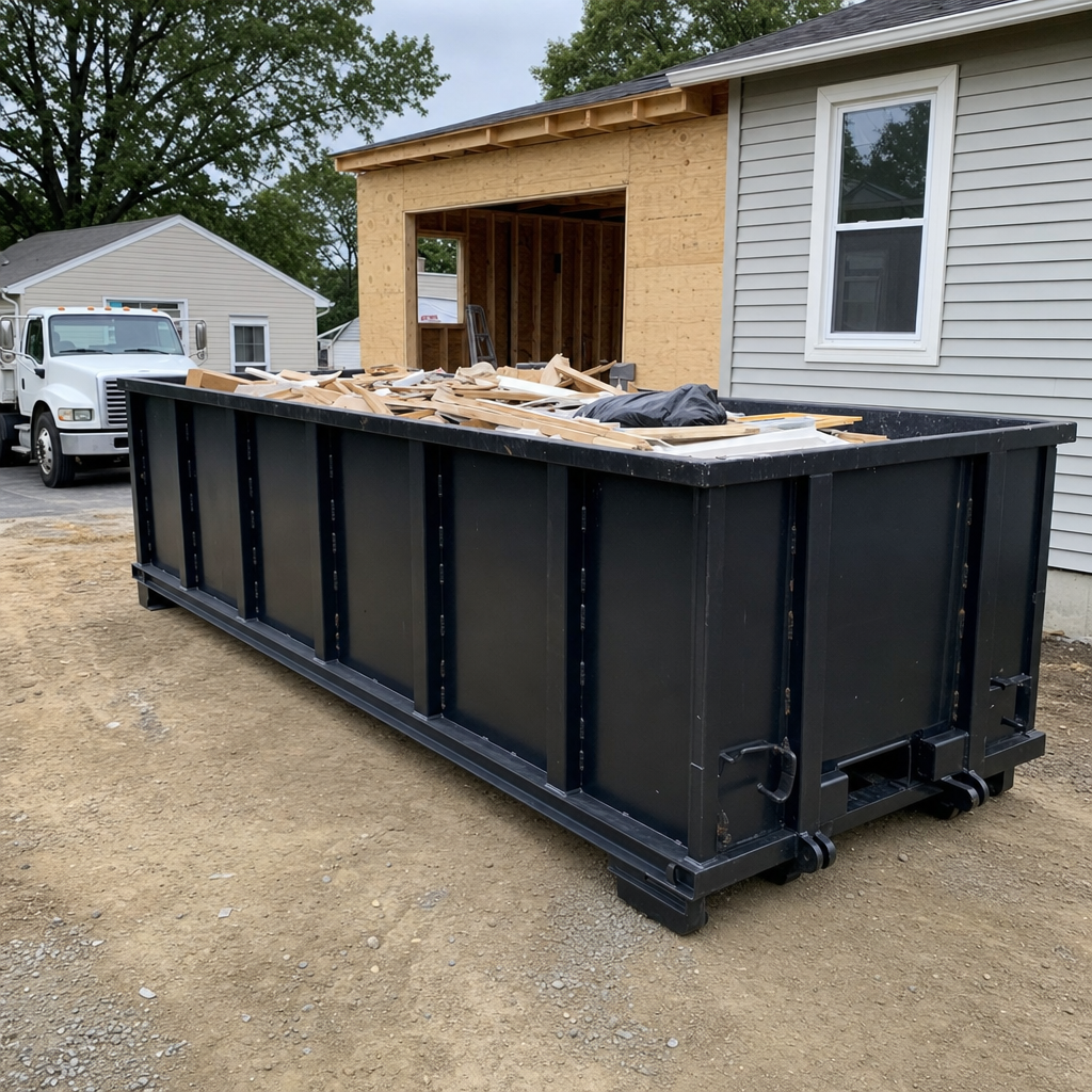 A matte-black 30-yard roll-off dumpster positioned at a Pasadena residential addition jobsite, with framing lumber and drywall scraps loaded through the open swinging rear doors.
