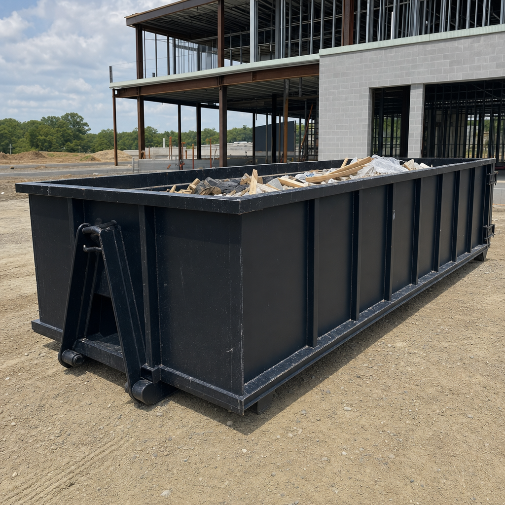 A matte-black 40-yard roll-off dumpster staged on a large Pasadena commercial construction lot, with a hooklift delivery truck parked alongside under bright midday sky.