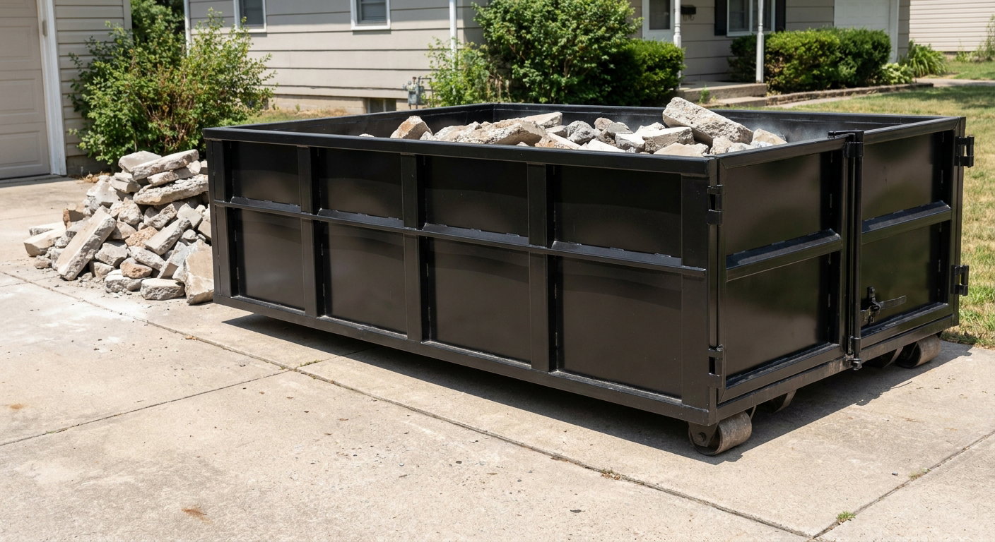 A matte-black low-side heavy-debris roll-off dumpster placed directly on a Pasadena concrete driveway, with broken concrete chunks neatly stacked beside it under clean daylight.